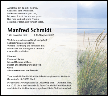 Anzeige von Manfred Schmidt von Kölner Stadt-Anzeiger / Kölnische Rundschau / Express