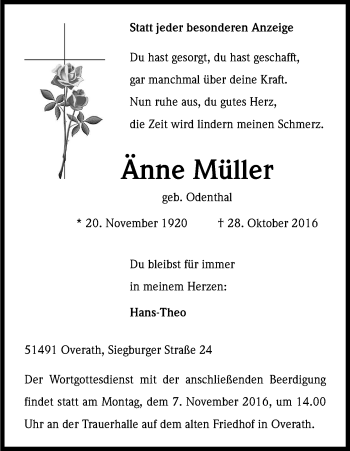 Anzeige von Änne Müller von Kölner Stadt-Anzeiger / Kölnische Rundschau / Express