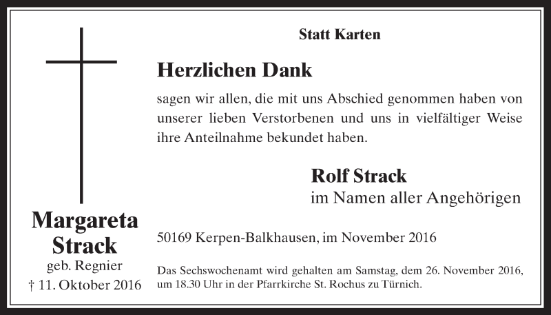  Traueranzeige für Margareta Strack vom 23.11.2016 aus  Werbepost 