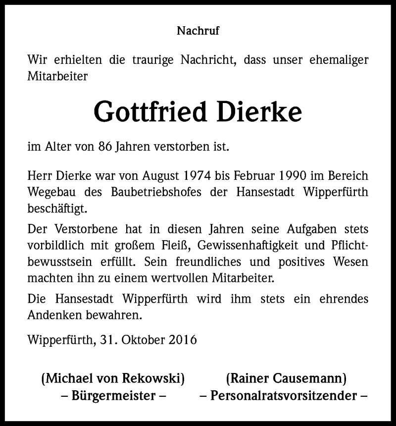  Traueranzeige für Gottfried Dierke vom 04.11.2016 aus Kölner Stadt-Anzeiger / Kölnische Rundschau / Express
