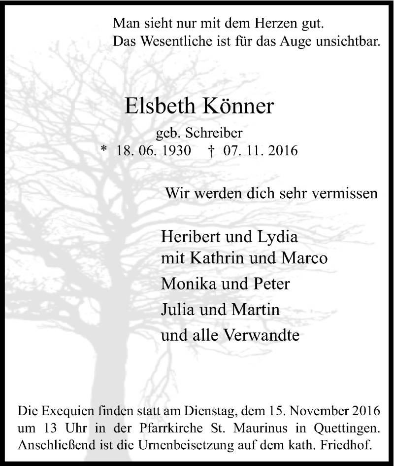  Traueranzeige für Elsbeth Könner vom 12.11.2016 aus Kölner Stadt-Anzeiger / Kölnische Rundschau / Express