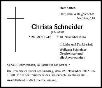 Anzeige von Christa Schneider von Kölner Stadt-Anzeiger / Kölnische Rundschau / Express