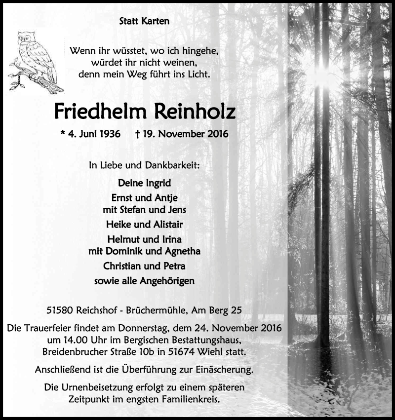  Traueranzeige für Friedhelm Reinholz vom 22.11.2016 aus Kölner Stadt-Anzeiger / Kölnische Rundschau / Express