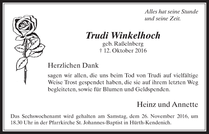  Traueranzeige für Trudi Winkelhoch vom 23.11.2016 aus  Wochenende 