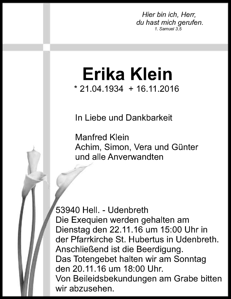 Traueranzeige für Erika Klein vom 18.11.2016 aus Kölner Stadt-Anzeiger / Kölnische Rundschau / Express