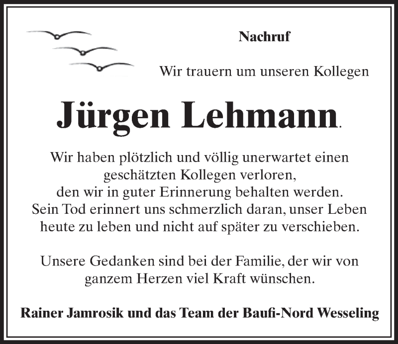  Traueranzeige für Jürgen Lehmann vom 30.11.2016 aus  Schlossbote/Werbekurier 
