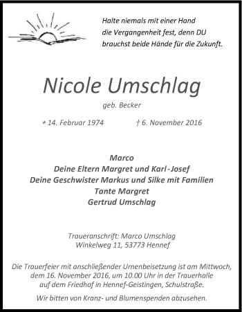 Anzeige von Nicole Umschlag von Kölner Stadt-Anzeiger / Kölnische Rundschau / Express