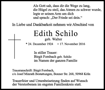 Anzeige von Edith Schilo von Kölner Stadt-Anzeiger / Kölnische Rundschau / Express