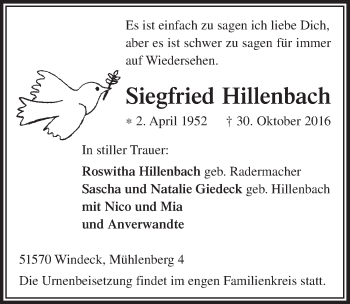 Anzeige von Siegfried Hillenbach von  Anzeigen Echo 