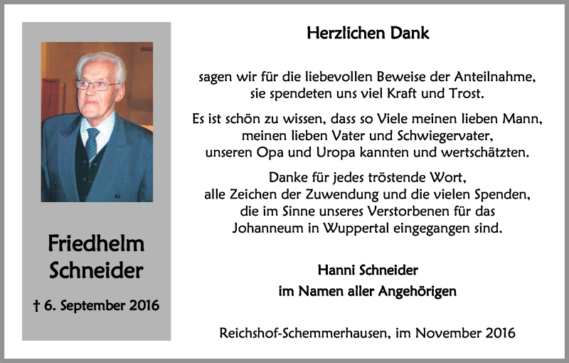  Traueranzeige für Friedhelm Schneider vom 26.11.2016 aus Kölner Stadt-Anzeiger / Kölnische Rundschau / Express