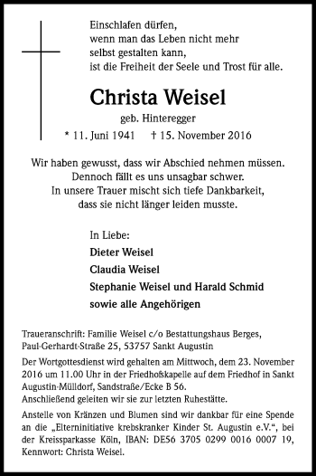 Anzeige von Christa Weisel von Kölner Stadt-Anzeiger / Kölnische Rundschau / Express
