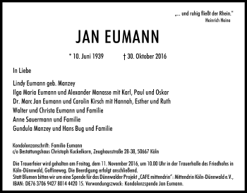 Anzeige von Jan Eumann von Kölner Stadt-Anzeiger / Kölnische Rundschau / Express