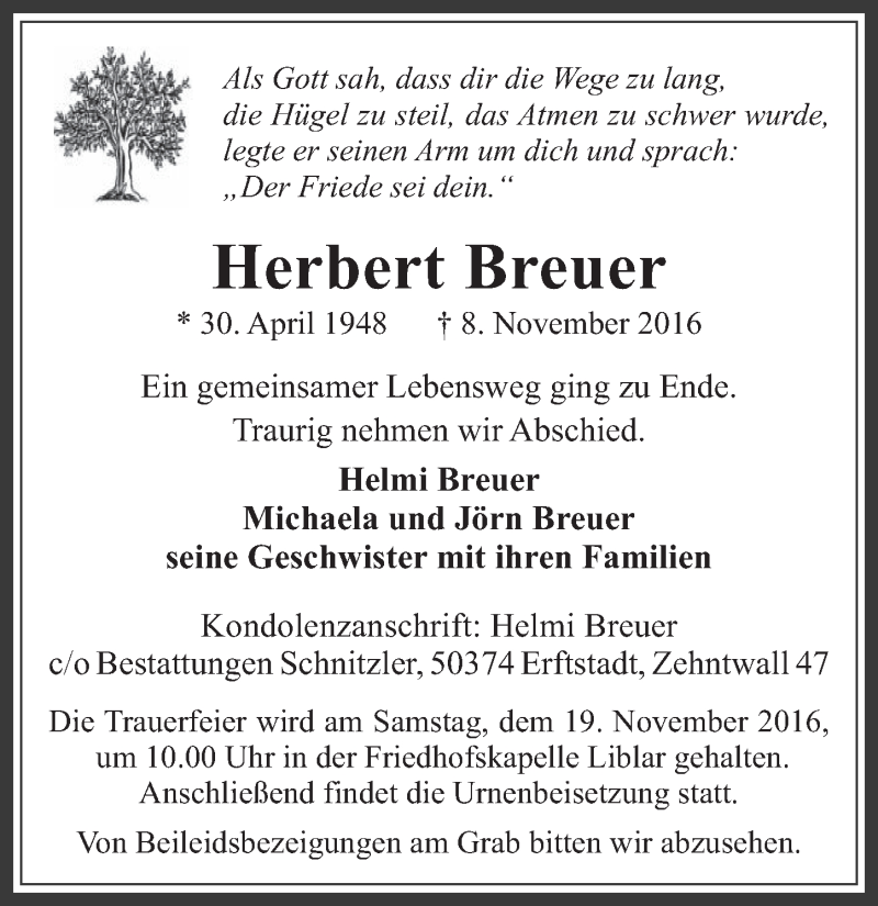  Traueranzeige für Herbert Breuer vom 16.11.2016 aus  Werbepost 