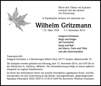 Anzeige von Wilhelm Gritzmann von Kölner Stadt-Anzeiger / Kölnische Rundschau / Express