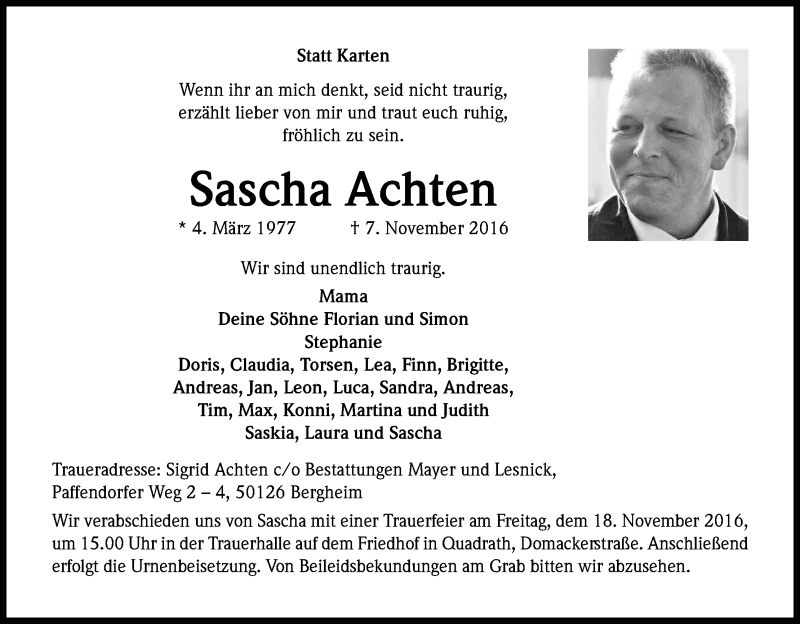  Traueranzeige für Sascha Achten vom 12.11.2016 aus Kölner Stadt-Anzeiger / Kölnische Rundschau / Express