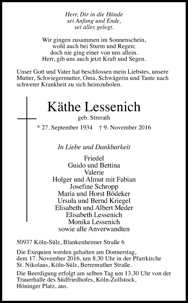  Traueranzeige für Käthe Lessenich vom 12.11.2016 aus Kölner Stadt-Anzeiger / Kölnische Rundschau / Express