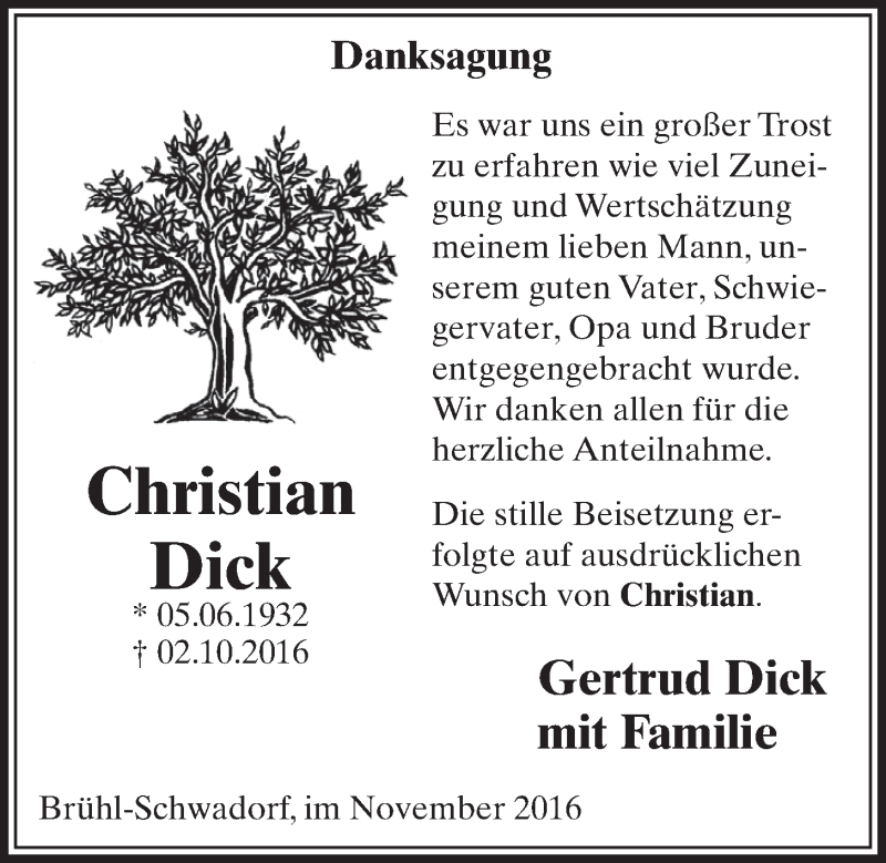  Traueranzeige für Christian Dick vom 09.11.2016 aus  Schlossbote/Werbekurier 