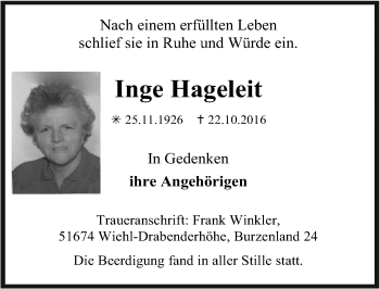 Anzeige von Inge Hageleit von  Anzeigen Echo 