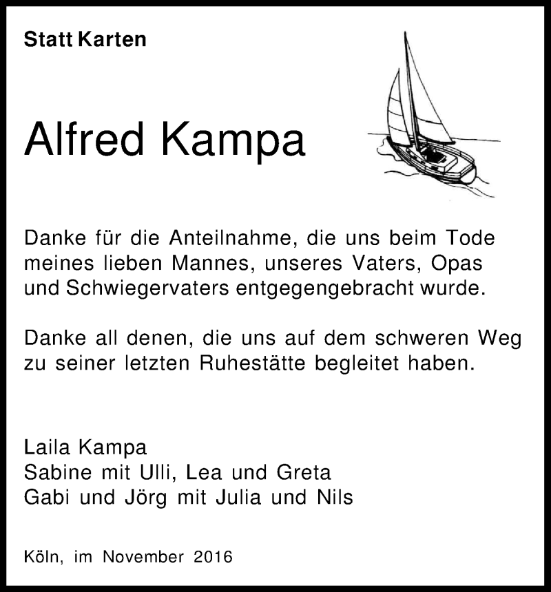 Traueranzeige für Alfred Kampa vom 26.11.2016 aus Kölner Stadt-Anzeiger / Kölnische Rundschau / Express