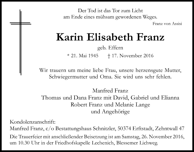  Traueranzeige für Karin Elisabeth Franz vom 19.11.2016 aus Kölner Stadt-Anzeiger / Kölnische Rundschau / Express