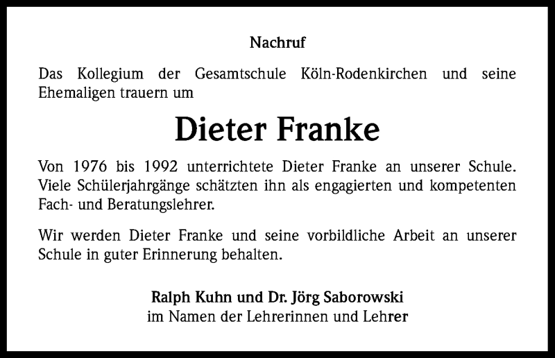  Traueranzeige für Dieter Franke vom 12.11.2016 aus Kölner Stadt-Anzeiger / Kölnische Rundschau / Express