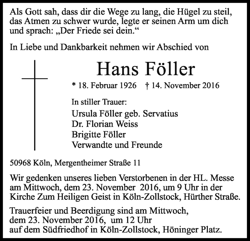  Traueranzeige für Hans Föller vom 19.11.2016 aus Kölner Stadt-Anzeiger / Kölnische Rundschau / Express