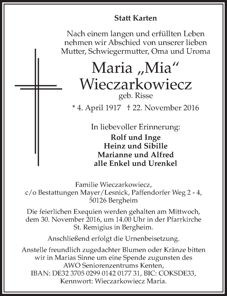  Traueranzeige für Maria Wieczarkowiecz vom 26.11.2016 aus  Sonntags-Post 