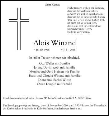 Anzeige von Alois Winand von Kölner Stadt-Anzeiger / Kölnische Rundschau / Express