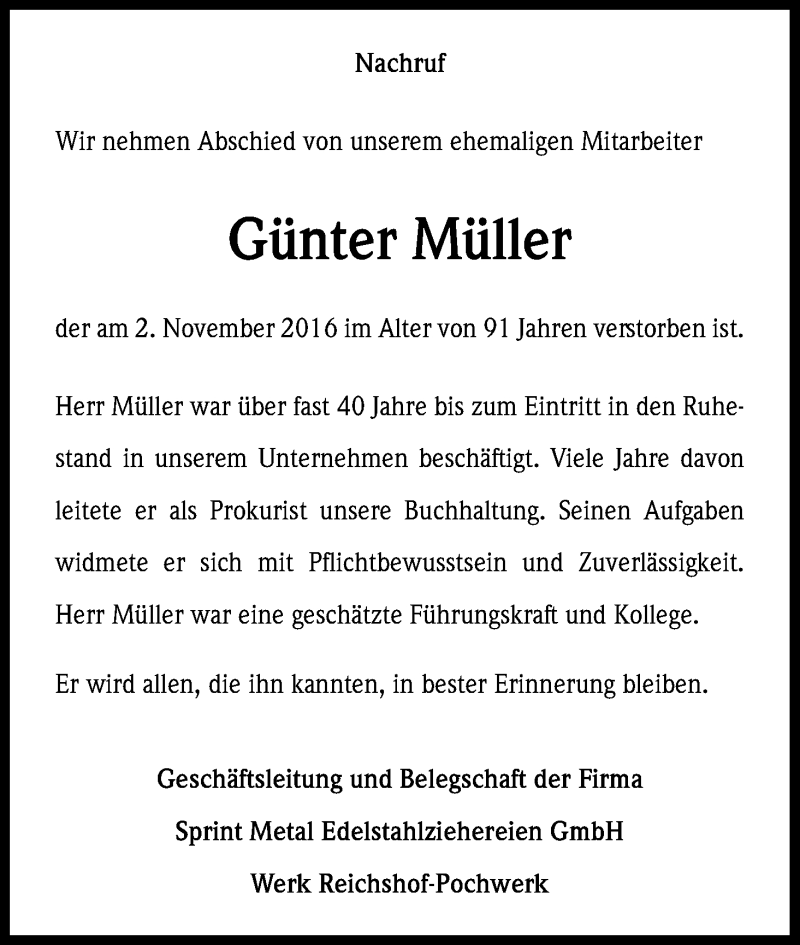 Traueranzeige für Günter Müller vom 26.11.2016 aus Kölner Stadt-Anzeiger / Kölnische Rundschau / Express