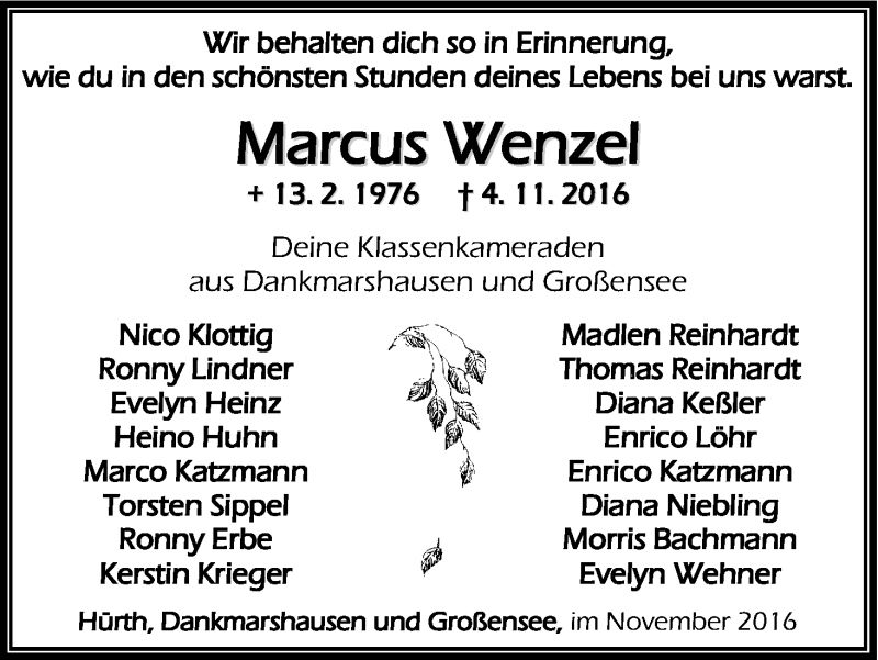  Traueranzeige für Marcus Wenzel vom 12.11.2016 aus Kölner Stadt-Anzeiger / Kölnische Rundschau / Express