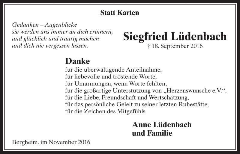  Traueranzeige für Siegfried Lüdenbach vom 23.11.2016 aus  Werbepost 