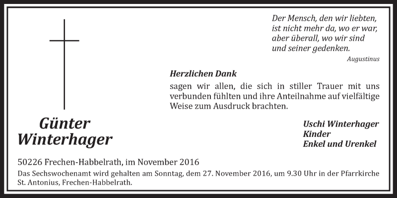  Traueranzeige für Günter Winterhager vom 19.11.2016 aus  Sonntags-Post 