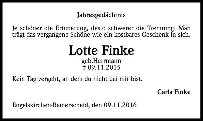  Traueranzeige für Lotte Finke vom 09.11.2016 aus Kölner Stadt-Anzeiger / Kölnische Rundschau / Express
