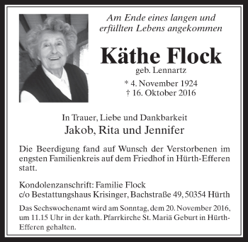 Anzeige von Käthe Flock von  Wochenende 