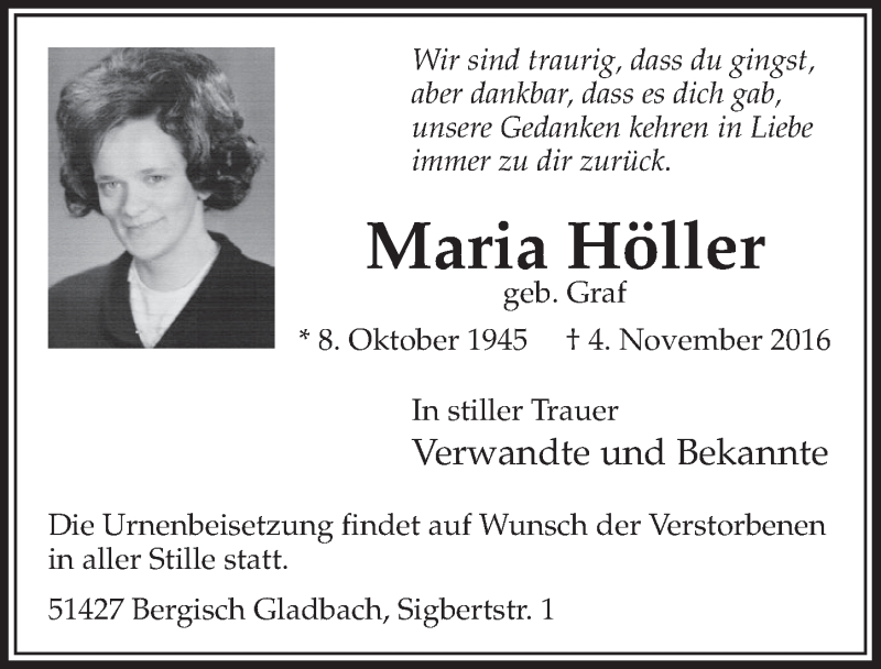  Traueranzeige für Maria Höller vom 16.11.2016 aus  Bergisches Handelsblatt 
