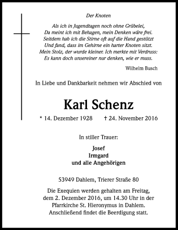 Anzeige von Karl Schenz von Kölner Stadt-Anzeiger / Kölnische Rundschau / Express