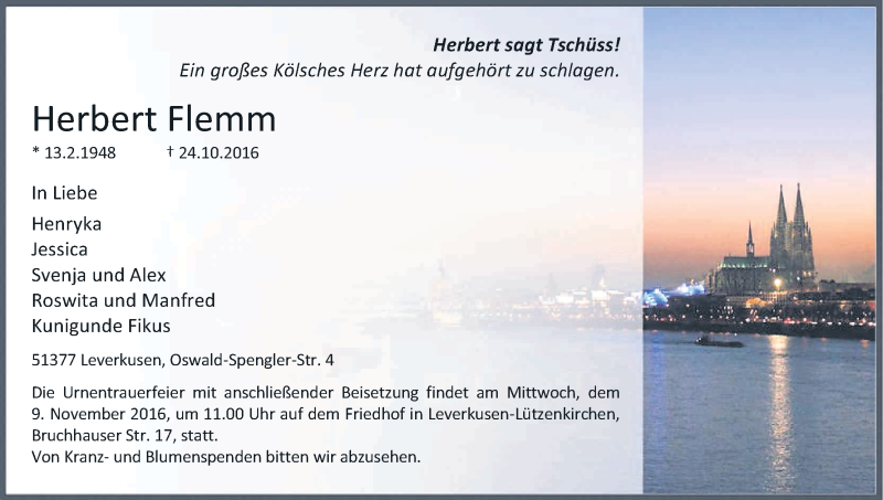  Traueranzeige für Herbert Flemm vom 05.11.2016 aus Kölner Stadt-Anzeiger / Kölnische Rundschau / Express