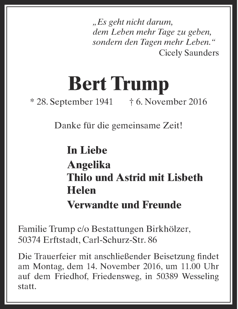  Traueranzeige für Trump Bert vom 09.11.2016 aus  Schlossbote/Werbekurier 