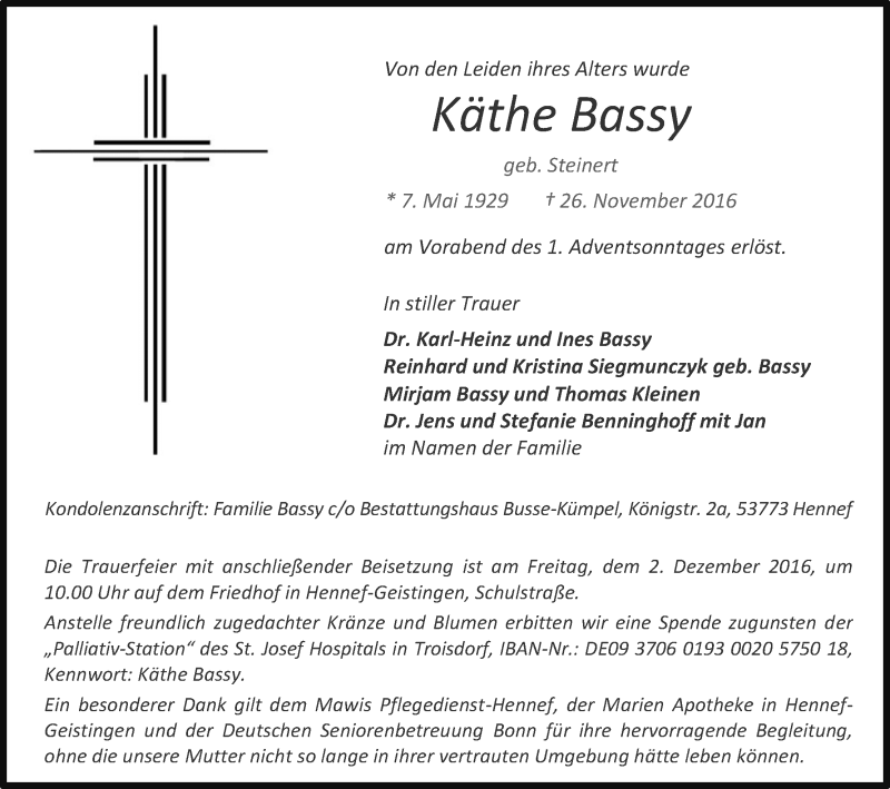  Traueranzeige für Käthe Bassy vom 30.11.2016 aus Kölner Stadt-Anzeiger / Kölnische Rundschau / Express