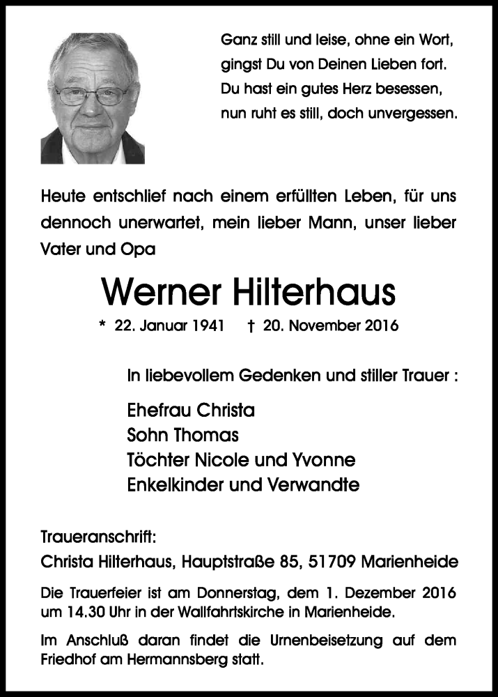  Traueranzeige für Werner Hilterhaus vom 28.11.2016 aus Kölner Stadt-Anzeiger / Kölnische Rundschau / Express