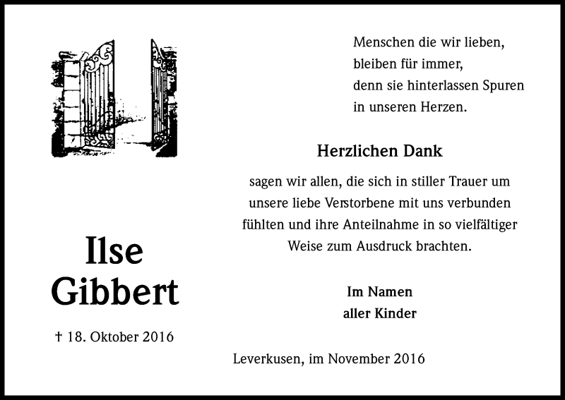  Traueranzeige für Ilse Gibbert vom 26.11.2016 aus Kölner Stadt-Anzeiger / Kölnische Rundschau / Express