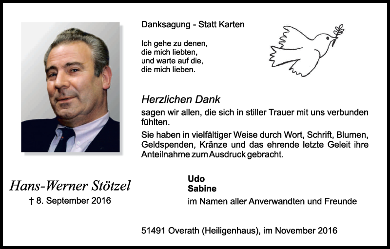 Traueranzeige für Hans-Werner Stötzel vom 05.11.2016 aus Kölner Stadt-Anzeiger / Kölnische Rundschau / Express
