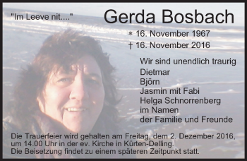 Anzeige von Gerda Bosbach von  Bergisches Handelsblatt 