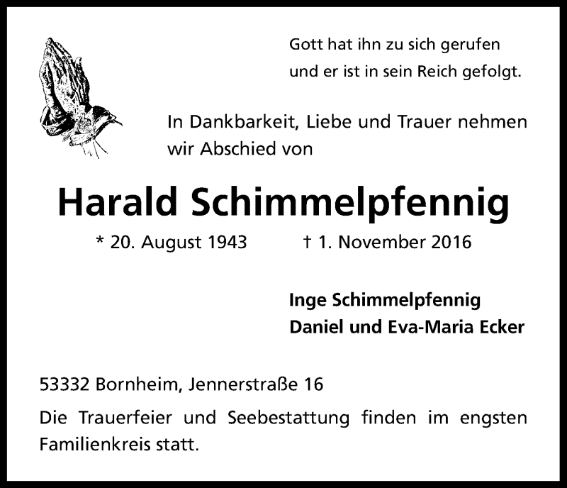  Traueranzeige für Harald Schimmelpfennig vom 12.11.2016 aus Kölner Stadt-Anzeiger / Kölnische Rundschau / Express