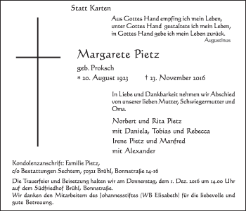 Anzeige von Margarete Pietz von  Schlossbote/Werbekurier 