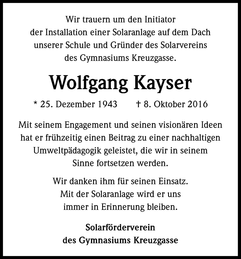  Traueranzeige für Wolfgang Kayser vom 05.11.2016 aus Kölner Stadt-Anzeiger / Kölnische Rundschau / Express