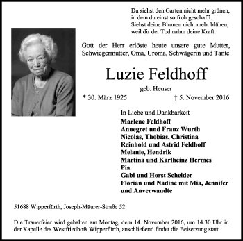 Anzeige von Luzie Feldhoff von Kölner Stadt-Anzeiger / Kölnische Rundschau / Express