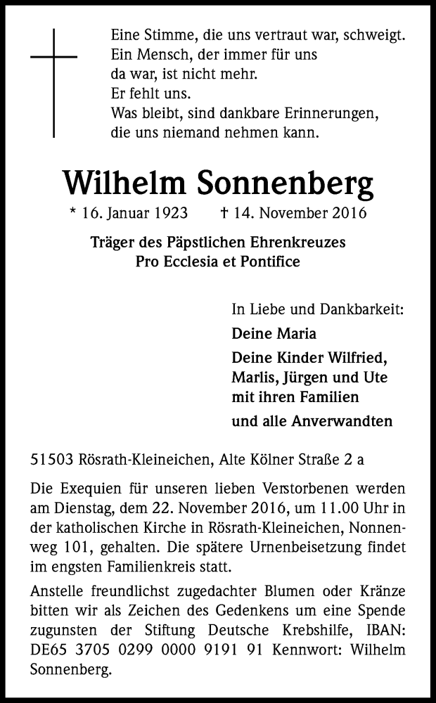  Traueranzeige für Wilhelm Sonnenberg vom 19.11.2016 aus Kölner Stadt-Anzeiger / Kölnische Rundschau / Express