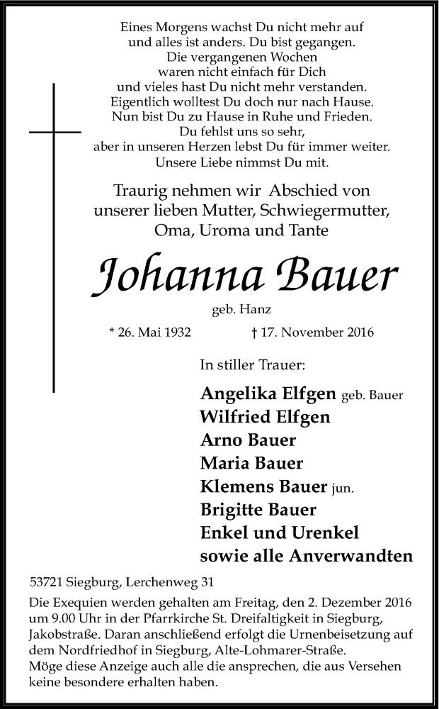  Traueranzeige für Johanna Bauer vom 26.11.2016 aus Kölner Stadt-Anzeiger / Kölnische Rundschau / Express