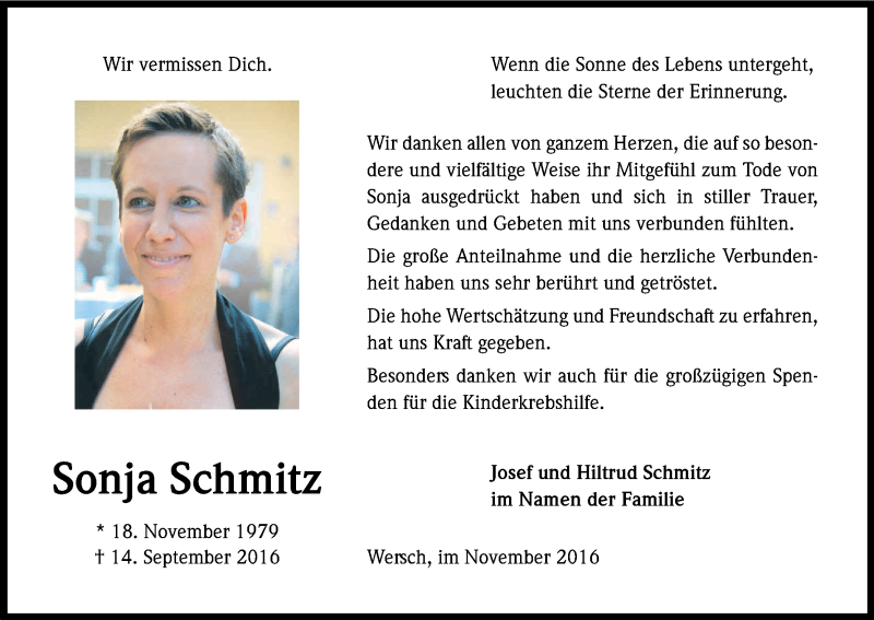  Traueranzeige für Sonja Schmitz vom 19.11.2016 aus Kölner Stadt-Anzeiger / Kölnische Rundschau / Express